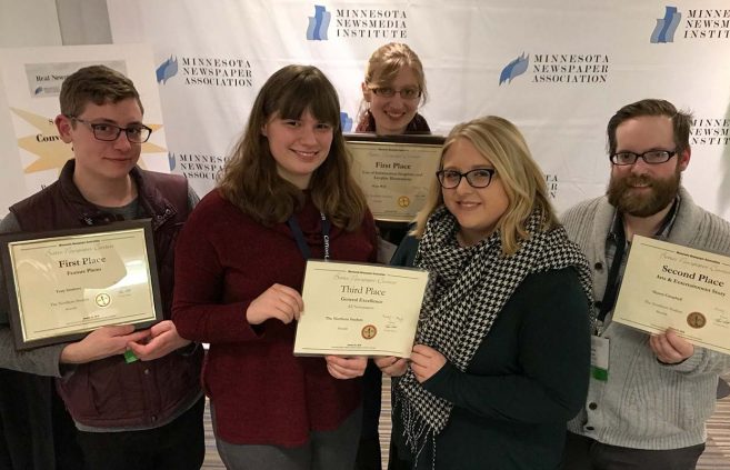 L to R: Tony Gobrove, Hannah Clark, Hope Wall, Stacey Kaslon and Shawn Campbell display their awards from the Minnesota Newspaper Association.