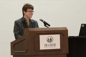 BSU President Faith C. Hensrud unveils the university's 2018-2023 Strategic Plan at a Jan. 3, 2018, forum on campus.