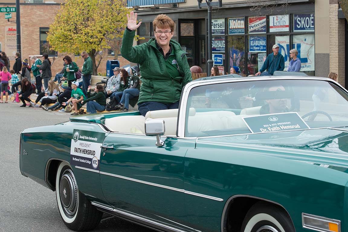 President Faith C. Hensrud in the 2017 Homecoming Parade.
