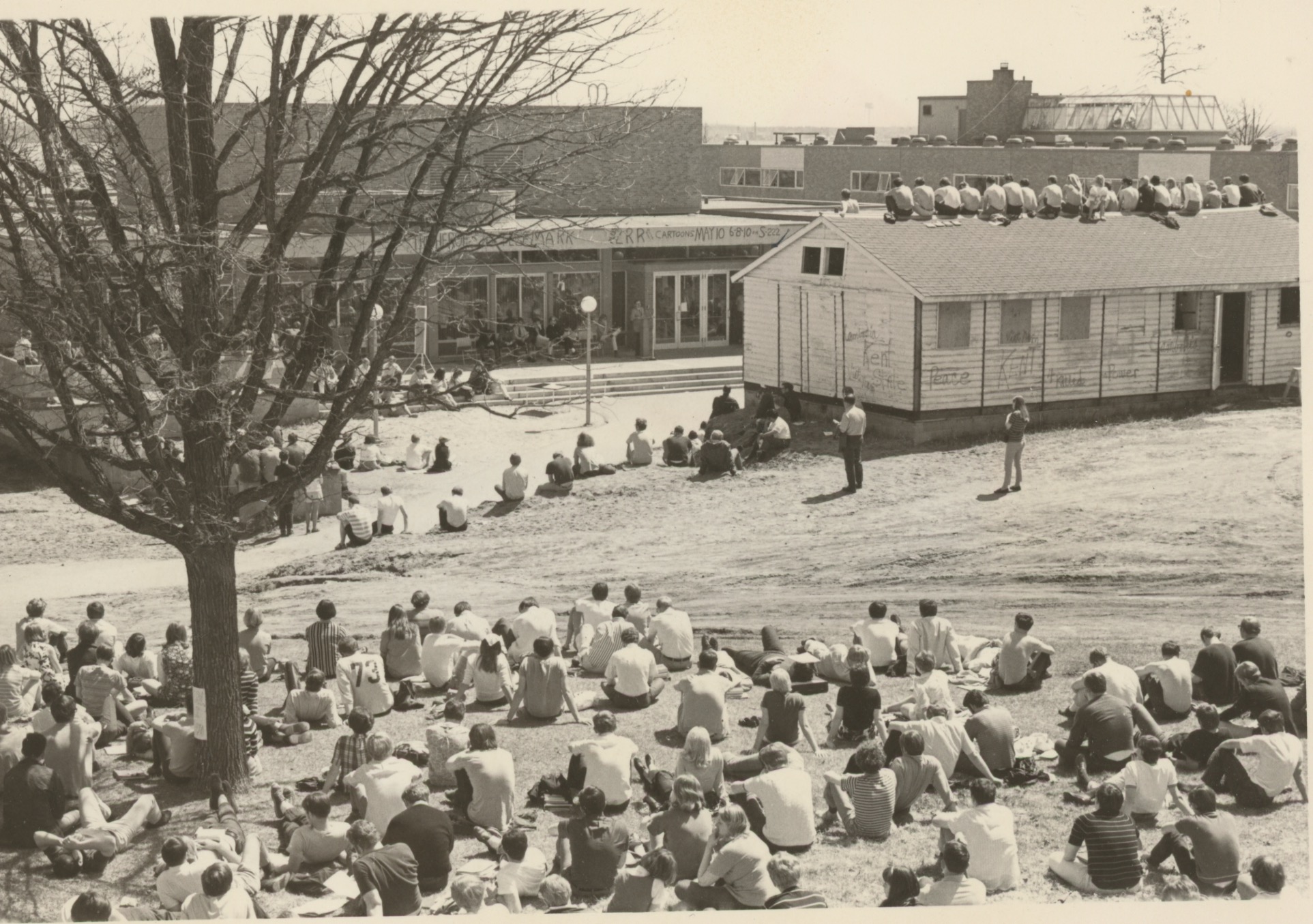 Students protest war outside of the C.V. Hobson Union at Bemidji State, circa 1970