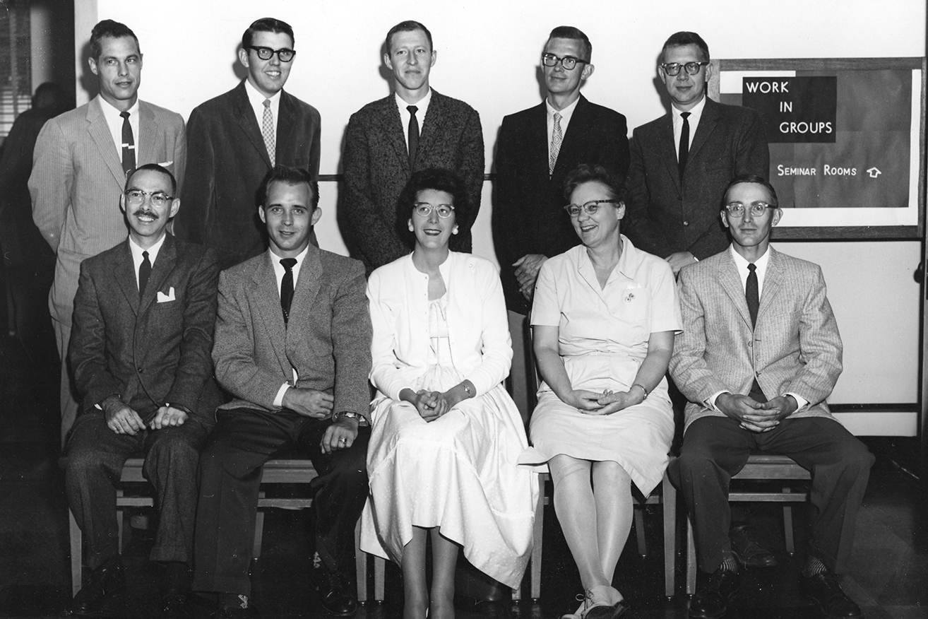 1959 new Bemidji State faculty (Left to right seated: Dr. Arthur Charrat, Duane Bailey, Dorothy Verantd, Bernice Steel, Art Lee. Standing: Dr. Vic Weber, Richard Slinkman, William Marchano, Kenneth Kraft, Grant Bateman)