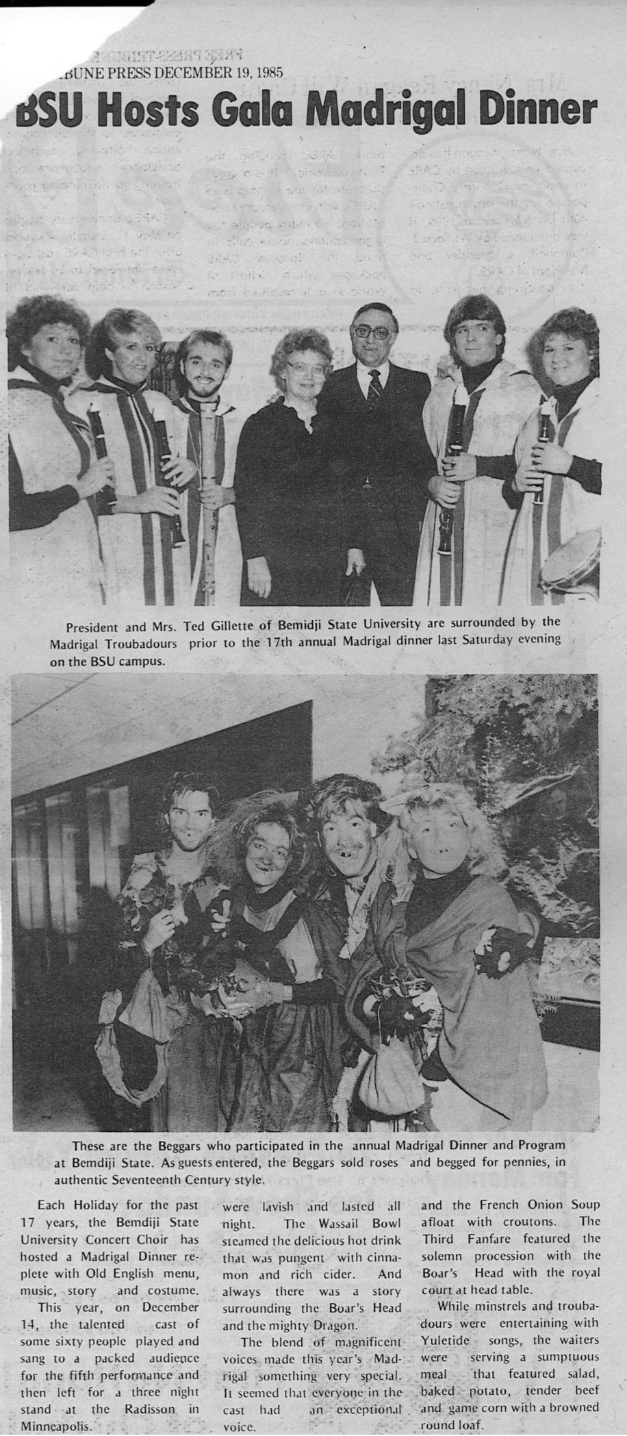 Seventeenth Annual Madrigal Dinners newspaper clipping, 1985.
