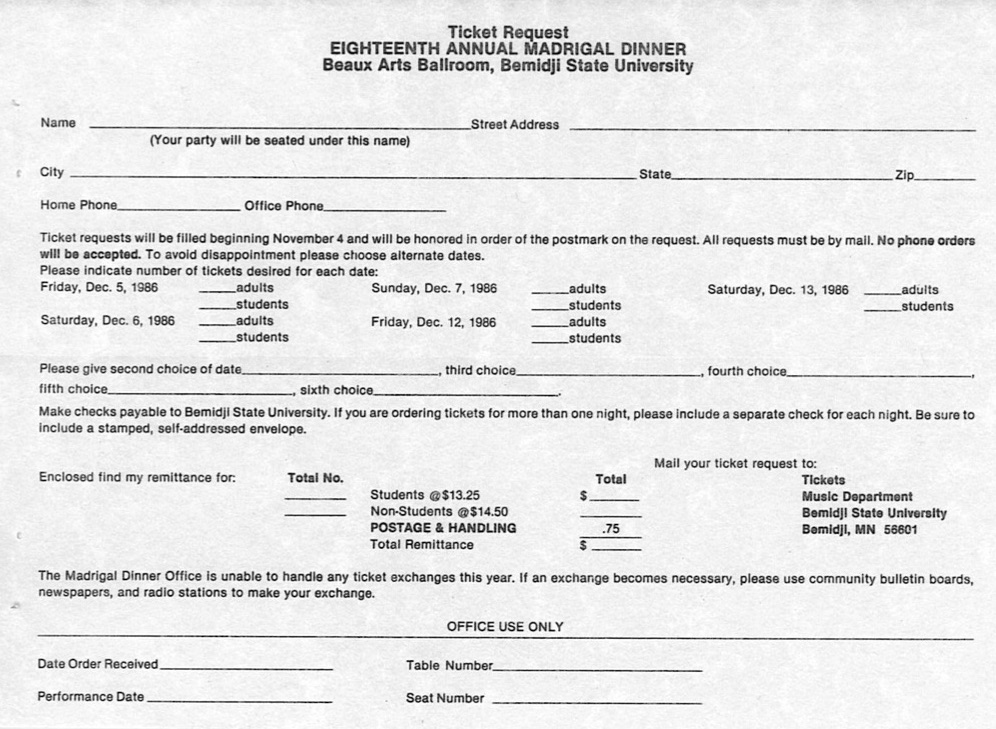 Eighteenth Annual Madrigal Dinner ticket request, 1986.