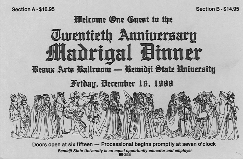 Twentieth Annual Madrigal Dinners invitation, 1988.
