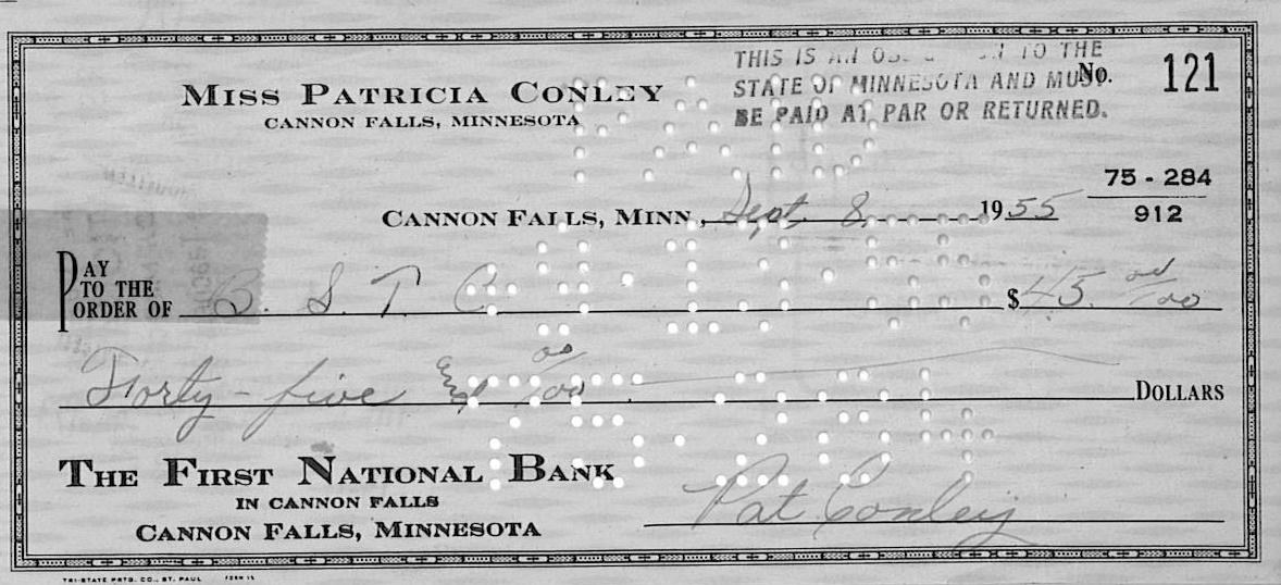 BSTC tuition check for $45 in 1955