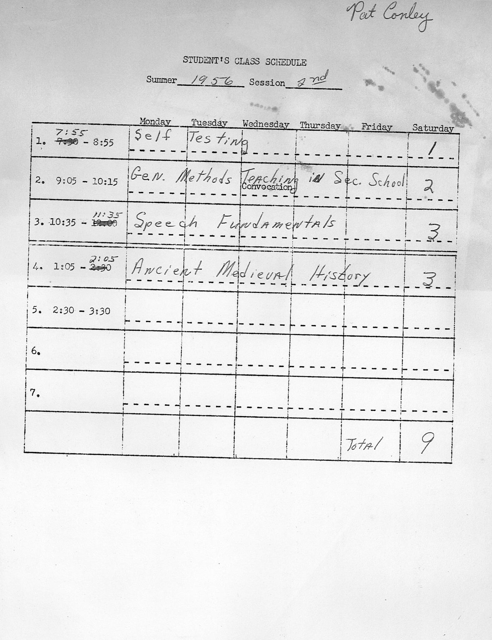Alumna Patricia Conley's class schedule, 1956