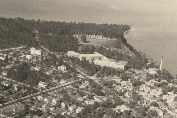 An aerial photo of Bemidji State taken in 1938