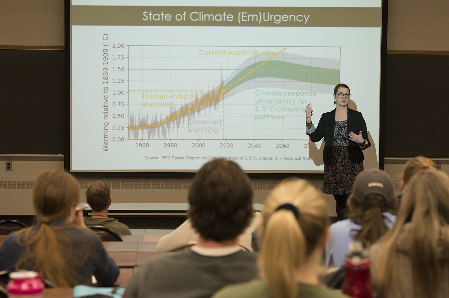 Dr. Anna Carlson, assistant professor of environmental studies, presenting on climate change during a 2019 Honors Lecture.