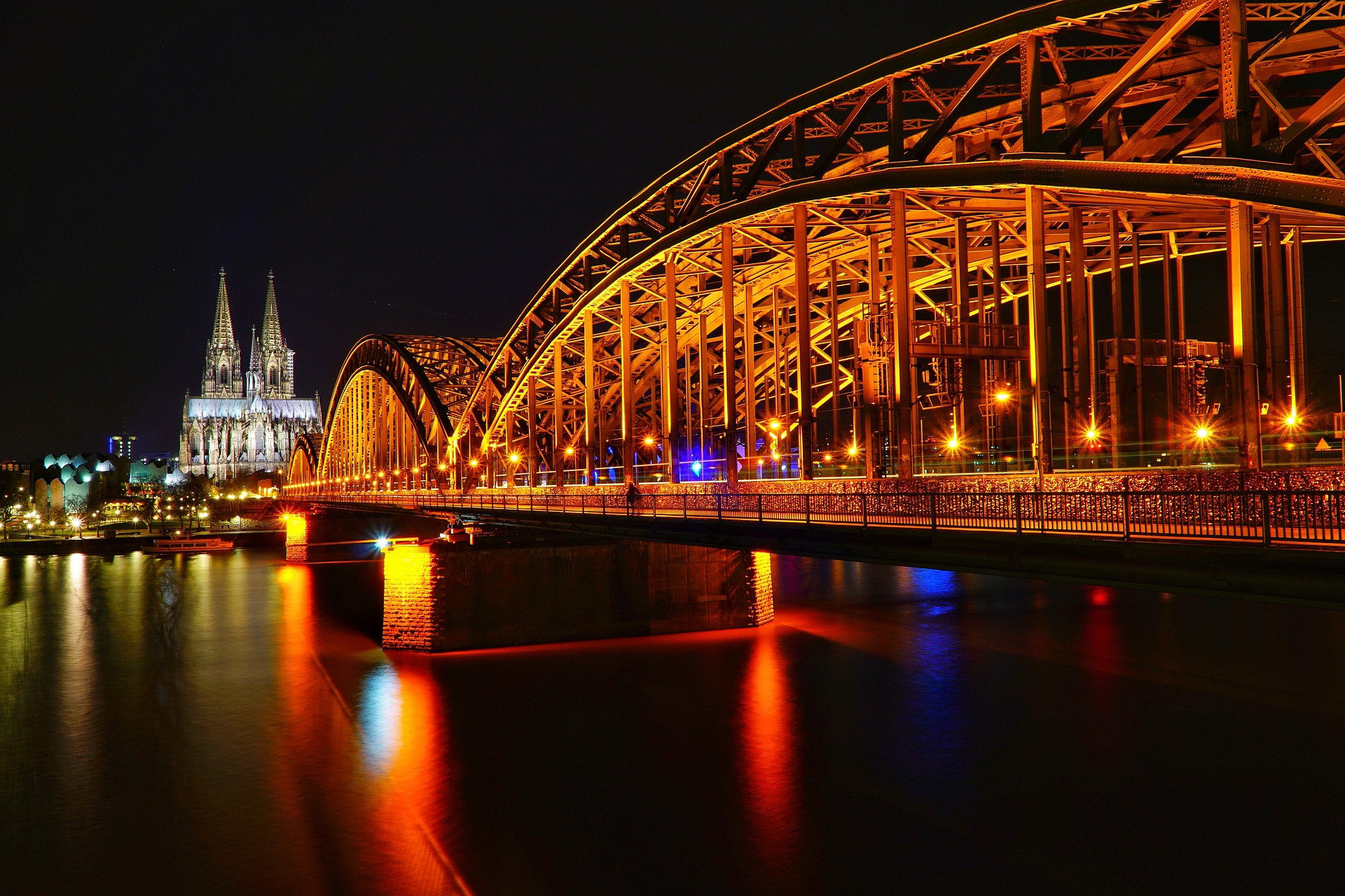 A bridge in Cologne at night