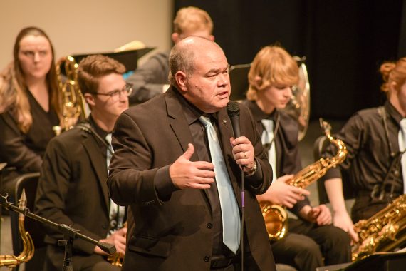 Scott Guidry, the conductor of Bemidji State's Blue Ice Jazz band, speaking before the 2022 performance