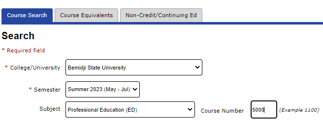 Screenshot of BSU e-services showing how to search for the Professional Education course 5000