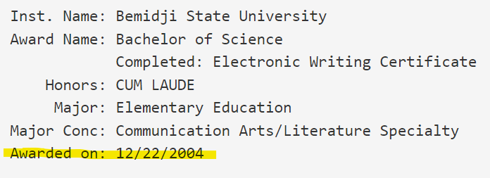 Degree awarded