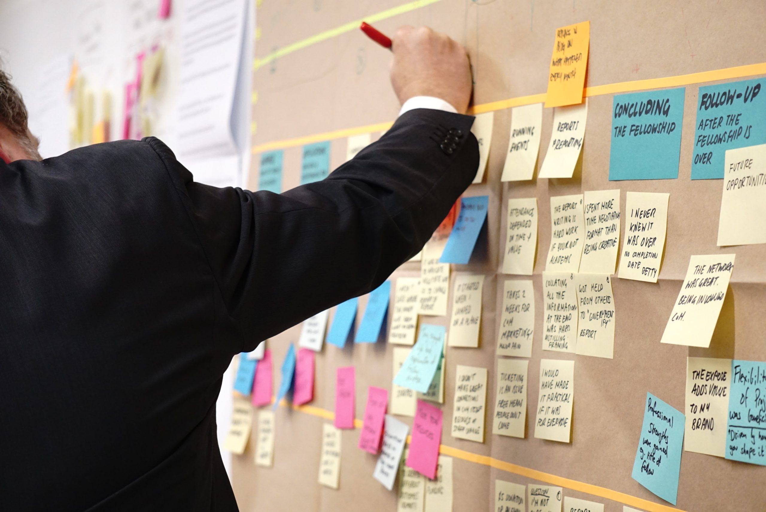 A man writing on a board full of post-its