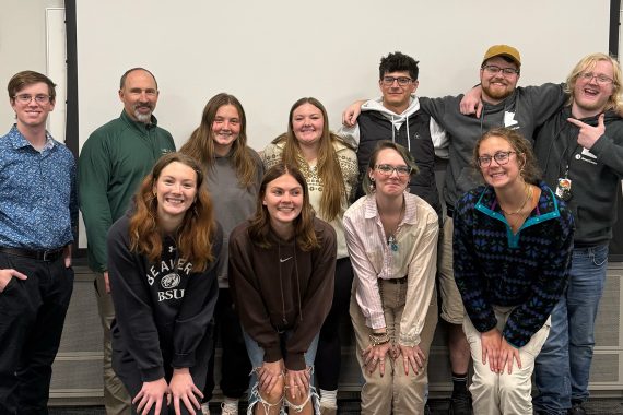 BSU's 2025-26 Noyce Scholars pose for a group photo with Dr. Todd Frauenholtz.