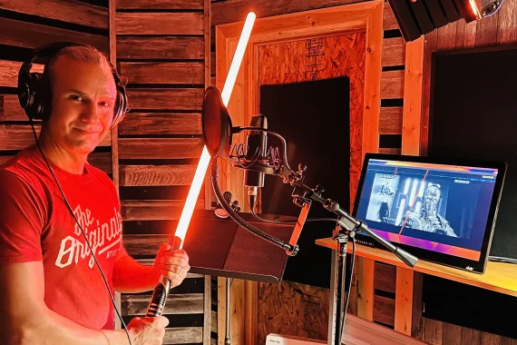 BSU Professor of Ojibwe Anton Treuer in the studio working on the Star Wars Ojibwe dub.
