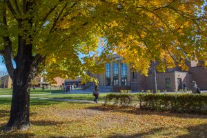 Memorial Hall exterior with fall leaves and colors