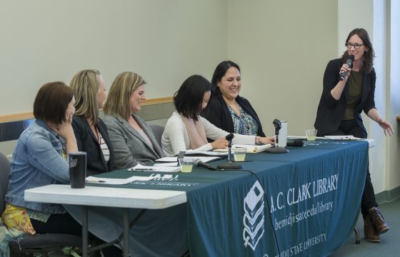From left to right: Maria Eastman, library technician, Liz Letson, Eagle Vista Ranch & Wellness Center counselor, Dr. Tiffany Holmes, BSU professor of nursing, Jo Li, Northstar Visiting Scholars Academy coordinator, Dr. Veronica Veaux, BSU assistant professor of business administration, Colleen Deel, BSU interlibrary loan and collection management librarian