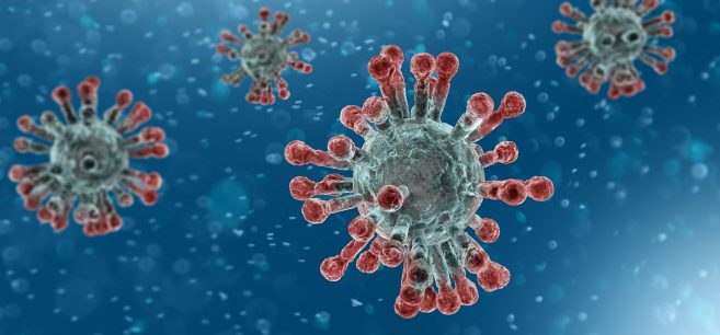 Microscopic view of Coronavirus, a pathogen that attacks the respiratory tract. Analysis and test, experimentation. Sars. 3d render