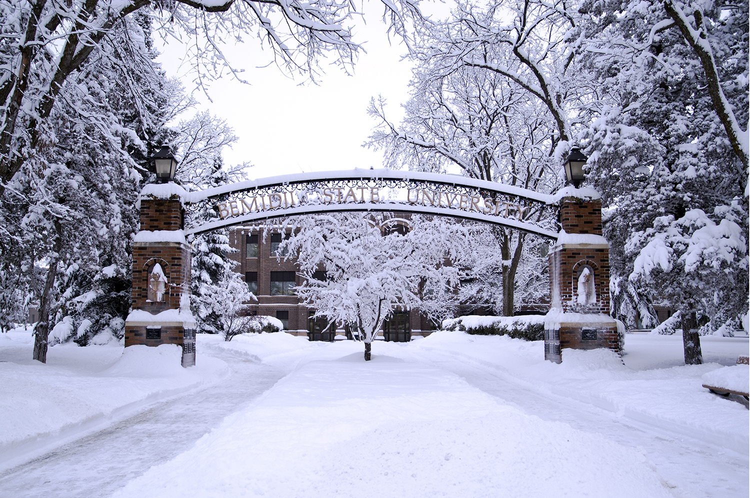 Bemidji State University arch with fresh snow.