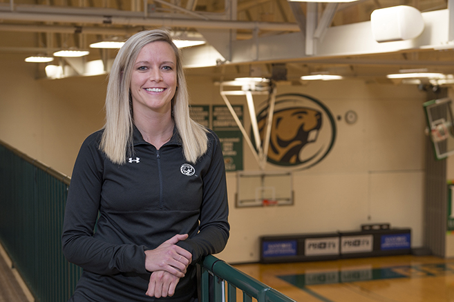 New Bemidji State women’s basketball coach Chelsea DeVille in the BSU Gymnasium.