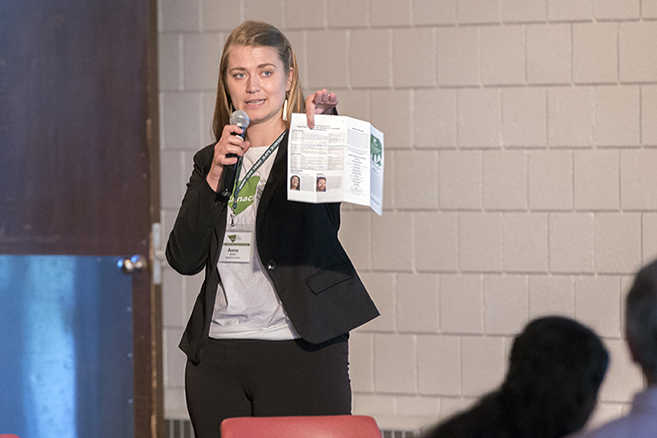 Anna Carlson, assistant sustainability coordinator at Bemidji State, speaks to attendees during the Upper Midwest Association for Campus Sustainability conference, held June 17-19 at BSU.