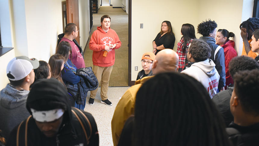 Alex Elness, a BSU junior, gives a tour to Fond Du Lac Tribal Community College, White Earth Tribal and  Community College, Red Lake Nation College and Leech Lake Tribal College students as they visited BSU Monday.