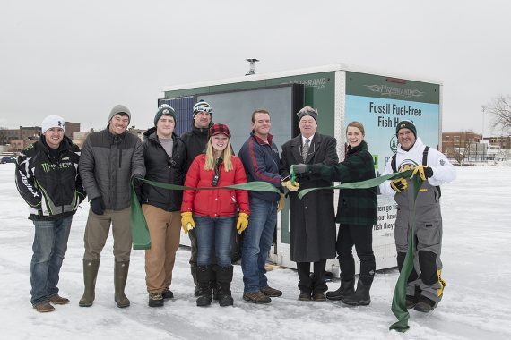 BSU Dedicates Fossil-Fuel Free Fish House at Jan. 28 Ceremony L to R: BSU student Tyler Massey; Roger Garton, Rural Renewable Energy Alliance; BSU student Anthony Ortell; Mark Morrissey, OPC; BSU student Bailey Johnson;
BSU alumni Hunter Edberg; Dr. Michael Anderson, provost; Anna Carlson, Sustainability Office;
Jay Passa, BSU health education coordinator.