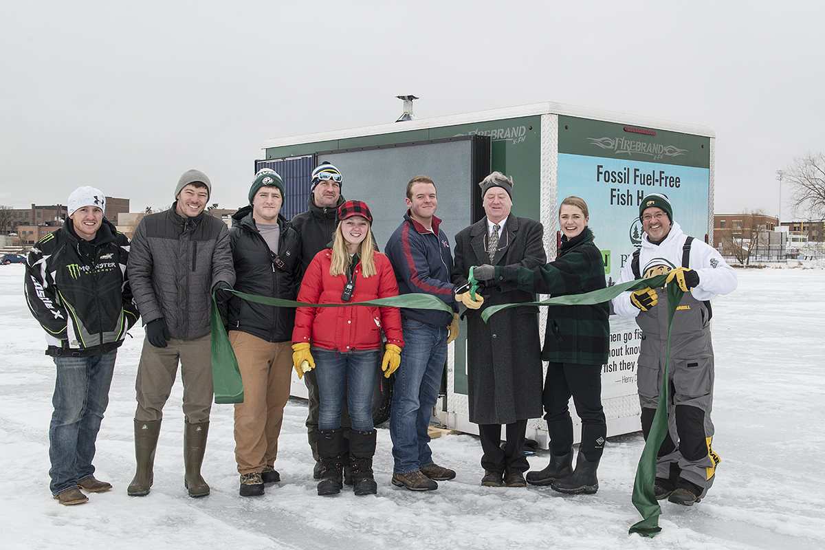 L to R: BSU student Tyler Massey;  Roger Garton, Rural Renewable Energy Alliance; BSU student Anthony Ortell; Mark Morrissey, OPC; BSU student Bailey Johnson;  
BSU alumni Hunter Edberg; Dr. Michael Anderson, provost; Anna Carlson, Sustainability Office; 
Jay Passa, BSU health education coordinator.
