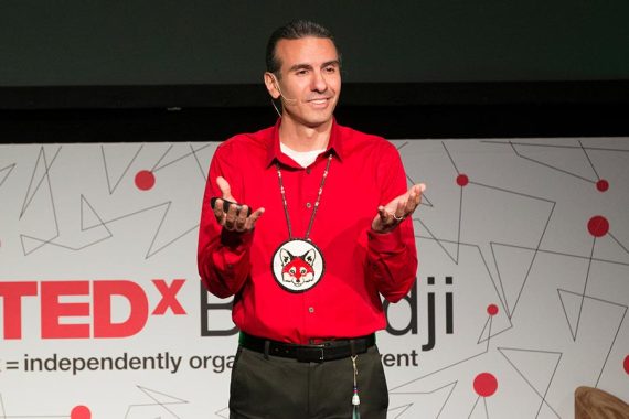 Dr. Anton Treuer, professor of Ojibwe, spoke on &ldquo;Showing Respect&rdquo; during Bemidji&rsquo;s premier TEDex event on April 14 at the Historic Chief Theatre.