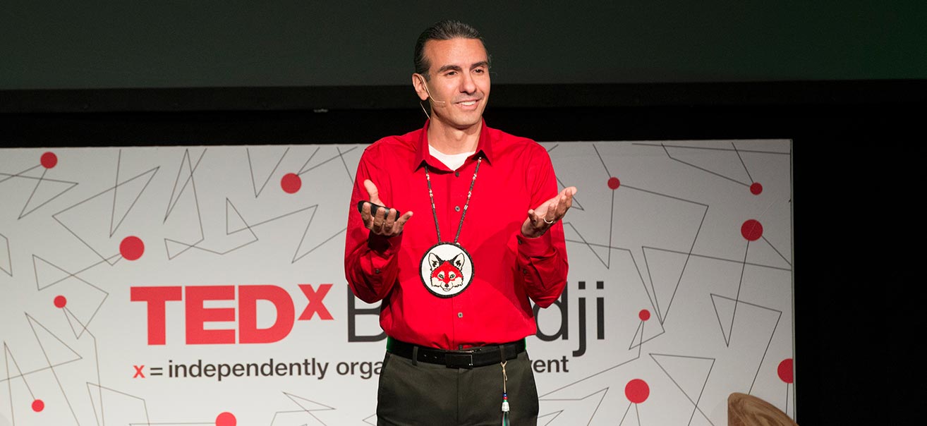 Dr. Anton Treuer, professor of Ojibwe, spoke on “Showing Respect” during Bemidji’s premier TEDex event on April 14 at the Historic Chief Theatre.
