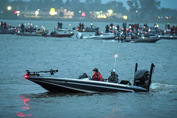 Bemidji Pioneer: Swansons sit second: BSU brothers in good shape after day one of Bassmaster BSU's Thor Swanson and Mitch Swanson take off early Thursday for the first day of the Carhartt Bassmaster College National Championship presented by Bass Pro Shops on Lake Bemidji. (Jillian Gandsey | Bemidji Pioneer)