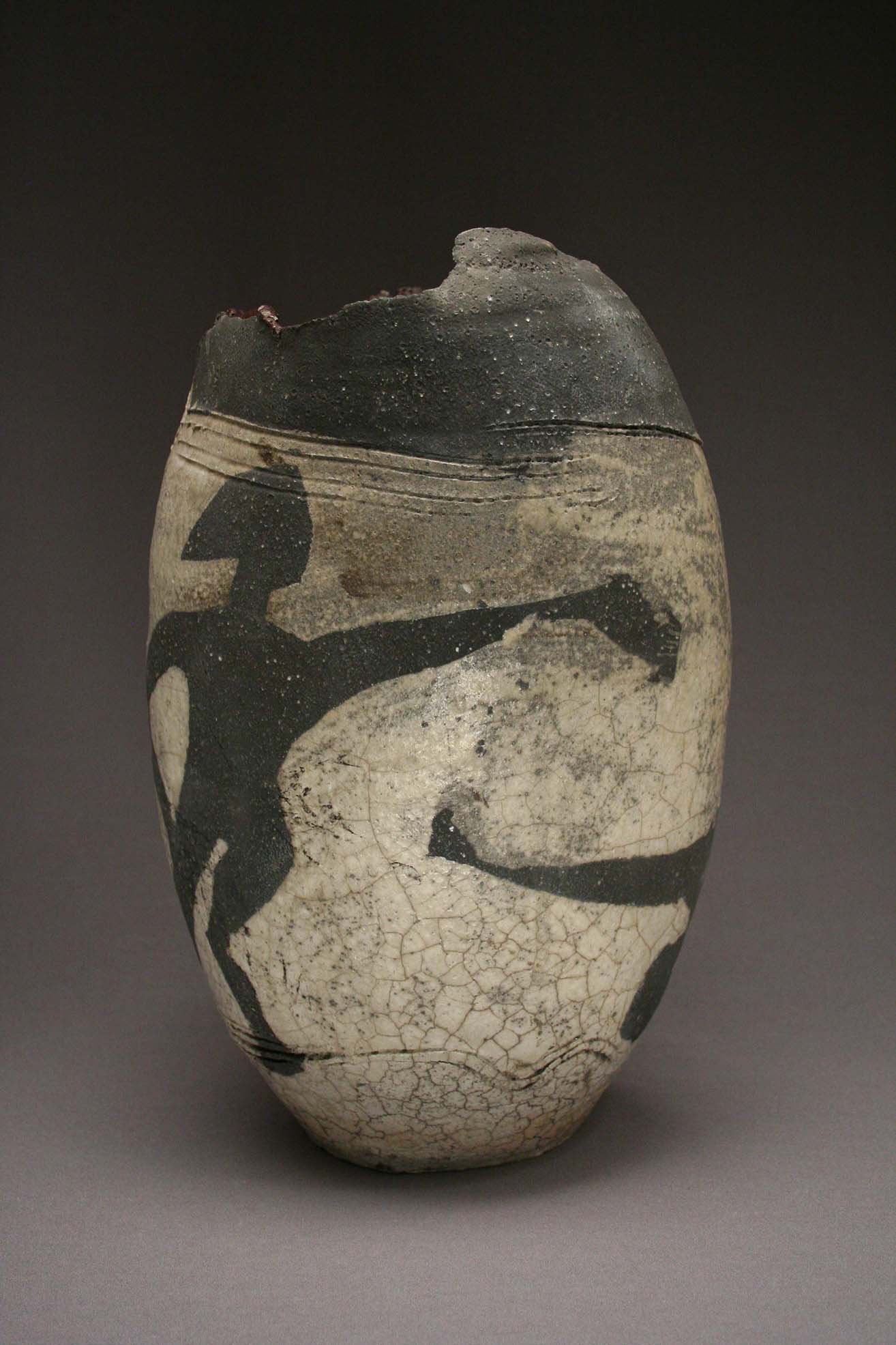 Paul Soldner—raku earthenware vase with figures