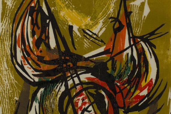 Seong Moy, "Pi Pa Player," color woodcut