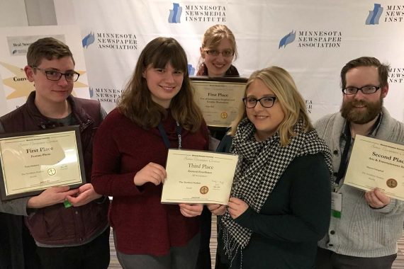 L to R: Tony Gobrove, Hannah Clark, Hope Wall, Stacey Kaslon and Shawn Campbell display their awards from the Minnesota Newspaper Association.