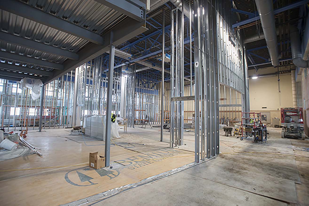 Renovated Memorial Hall, under construction in this Jan. 2015 photograph, is LEED-certified for energy efficiency.