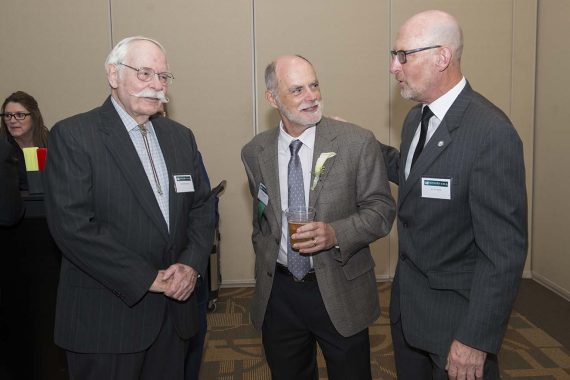 Dr. Harold Borchers (left), emeriti professor of biology, with former student Dr. Dale Greenwalt &rsquo;77 and Dr. Jim Barta, dean of the College of Health Sciences and Human Ecology.