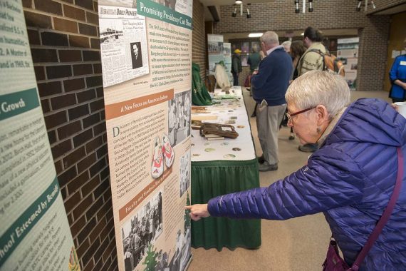 A &ldquo;History Walk&rdquo; reception before a Kickoff Celebration event on April 12 in the Main Stage theater featured banners with key events from each decade.