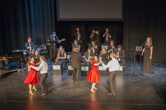 Funtastic Dance Follies students perform a 1930s-era rumba to &ldquo;Sway,&rdquo; with music by BSU&rsquo;s Blue Ice Jazz Band.