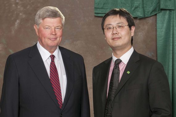 David Odegaard '66 (left) with Xihao Hu at BSU's 2012 Honors Gala.