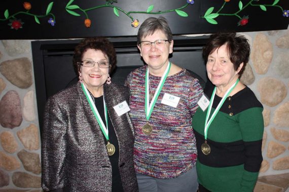 Joyce (Thompson) Siegert &rsquo;68 (left), Mary Lou (Stark) Marchand &rsquo;66 and Janice (Hamerlik) Langan &rsquo;68 were inducted into the Golden Beaver Society for alumni of 50 or more years at the Centennial Kickoff Luncheon on April 12 in the American Indian Resource Center.
