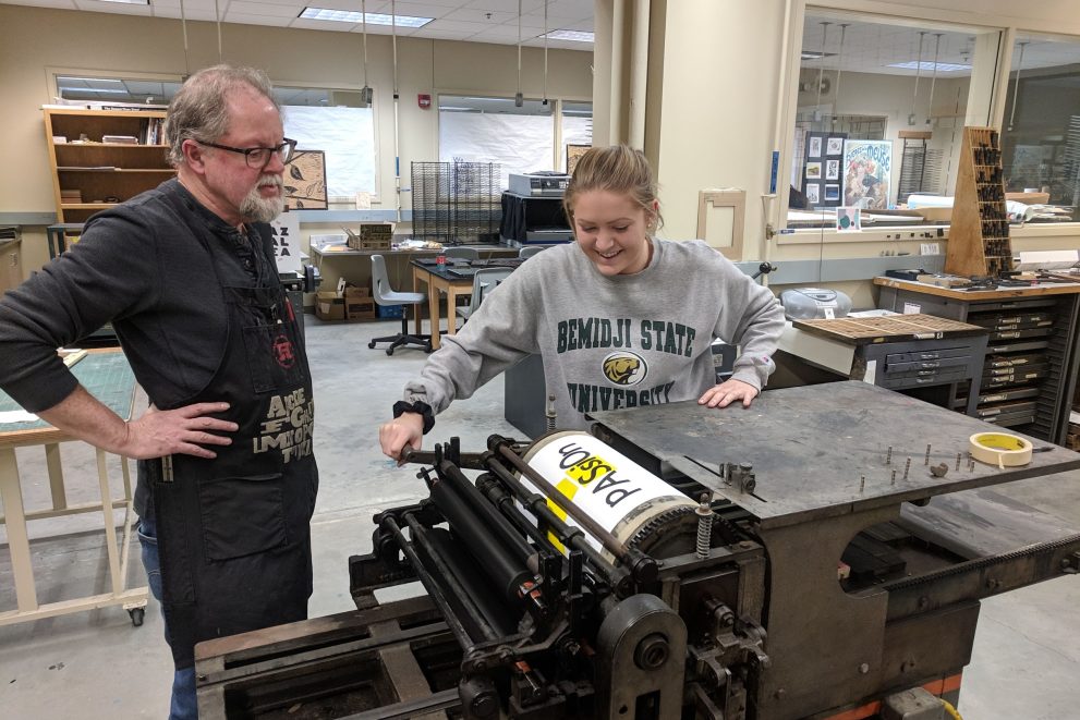 BSU Students participating in a TAD school woodpress workshop