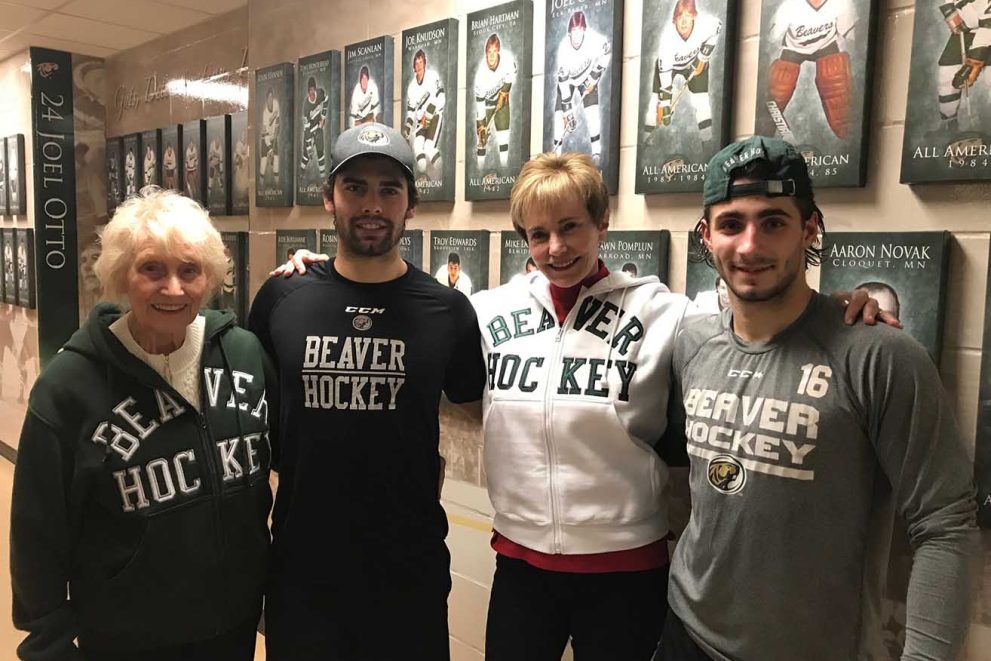 L to R: Cay Emkovik, sophomore men’s hockey forward Ethan Somoza, Cait Griffen, sophomore men’s hockey forward Aaron Miller