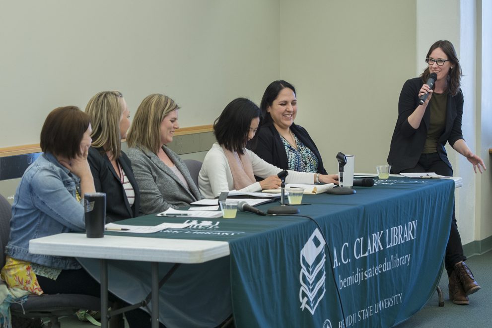 From left to right: Maria Eastman, library technician, Liz Letson, Eagle Vista Ranch & Wellness Center counselor, Dr. Tiffany Holmes, BSU professor of nursing, Jo Li, Northstar Visiting Scholars Academy coordinator, Dr. Veronica Veaux, BSU assistant professor of business administration, Colleen Deel, BSU interlibrary loan and collection management librarian