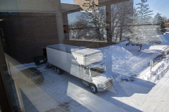 Truck delivering BSU's new Steinway Model B from Schmitt Music in Minneapolis.