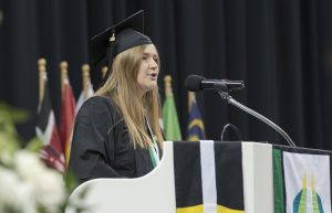 Elizabeth Thurlow, a graduating nursing student from Nisswa, Minn., congratulated her fellow graduates as she recalled her own journey to complete her degree.