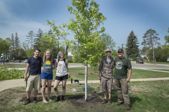 Students for the Environment Plant New Trees on Bemidji State Campus Jacob Haley, Anna Haynes, Skye Iwanski, Jordan Lutz and Benjamin Ng pictured in front of the Autumn blaze they planted.