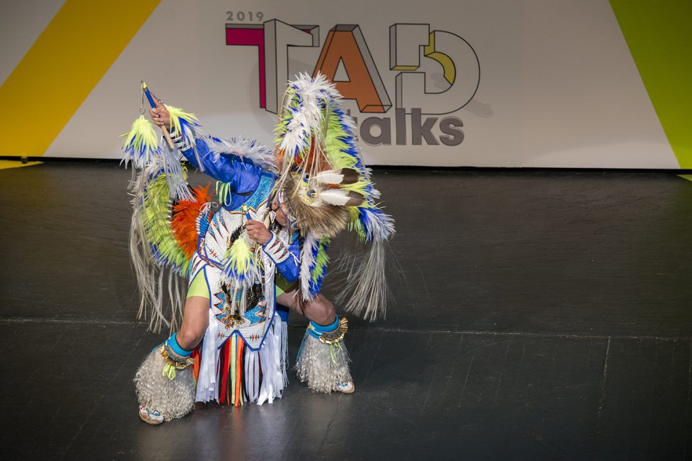 Larry Yazzie, native pride dancer, performed at the 2019 TAD Talks.