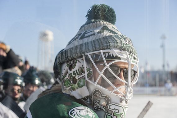 BSU hockey player on the ice during the Hockey Day Minnesota weekend.