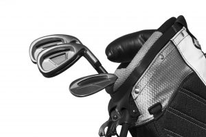 Golf clubs in golf bag. Black and white shot. 