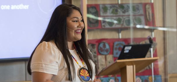 Tailbi'Denzhoone' Taylor Susan speaking at the Indigenous Nursing Conference.